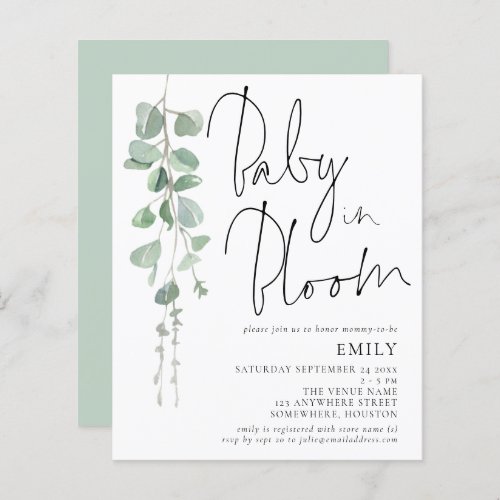 Budget Script Eucalyptus Baby in Bloom Invitation