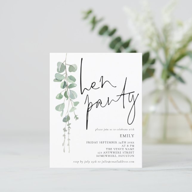 Budget Script Eucalyptus Hen Party Invitation (Standing Front)