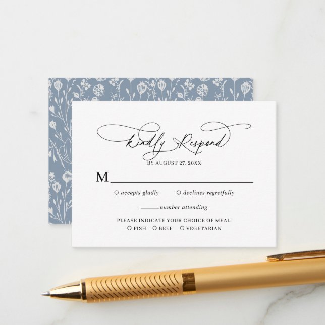 Budget Script Floral Dusty Blue Wedding Rsvp Enclosure Card (Front/Back In Situ)