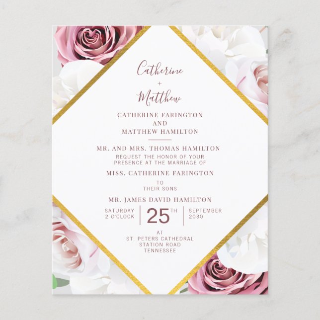 Budget Script Floral Geometric Wedding Invitation (Front)