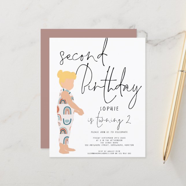 Budget Script Girl Blonde 2nd birthday Invitation (Front/Back In Situ)