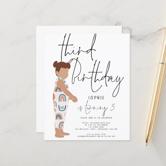 Budget Script Girl trendy 3rd birthday invitation (Front/Back In Situ)