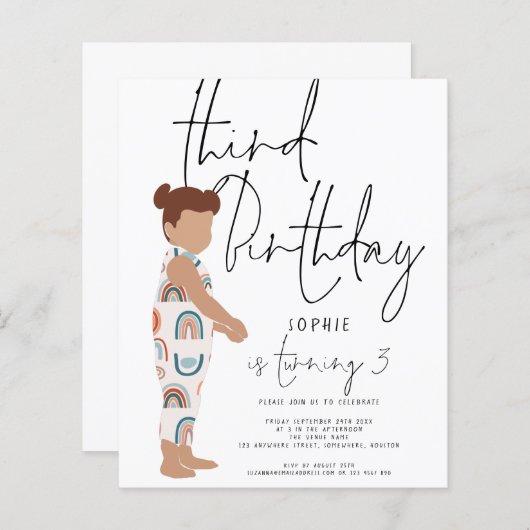 Budget Script Girl trendy 3rd birthday invitation (Front/Back)