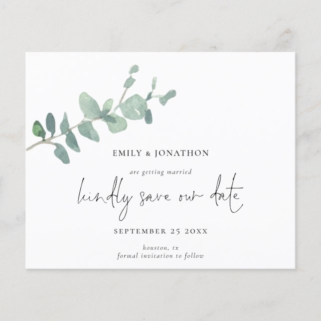 Budget Script Green Eucalyptus Save The Date (Front)