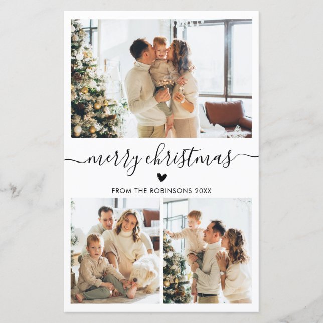 Budget Script Heart 3 Photo Collage Christmas Card (Front)