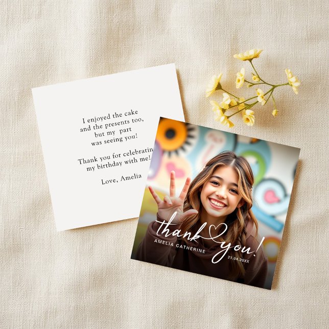 Budget Script Heart Photo Birthday Thank You Note Card (Creator Uploaded)