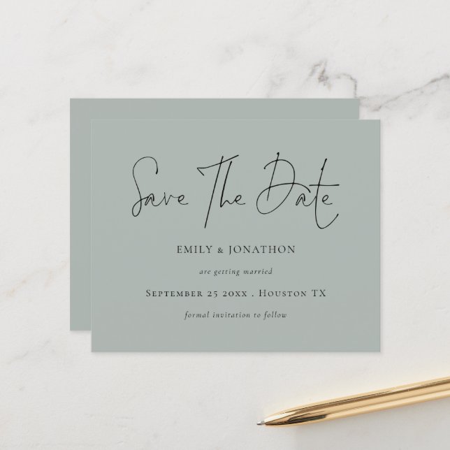 Budget Script Light Sage Green Save The Date (Front/Back In Situ)