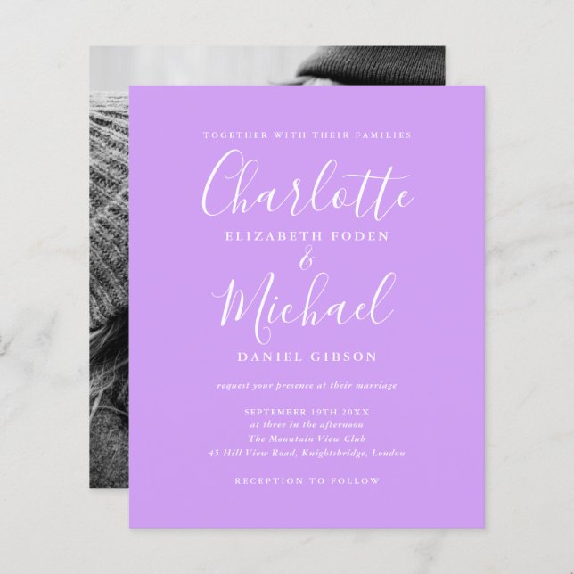 Budget Script Lilac Photo Wedding Invitation (Front/Back)