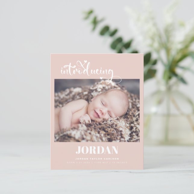 Budget Script Modern Photo Pink Birth Announcement (Standing Front)