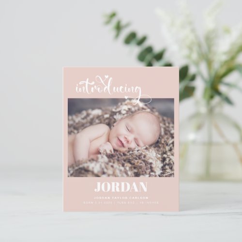 Budget Script Modern Photo Pink Birth Announcement