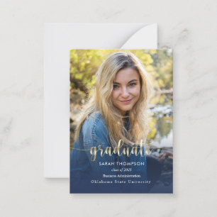 Budget Script Navy Blue Photo Collage Graduation Note Card