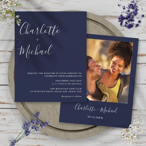 Budget Script Navy Blue Photo Wedding Invitation