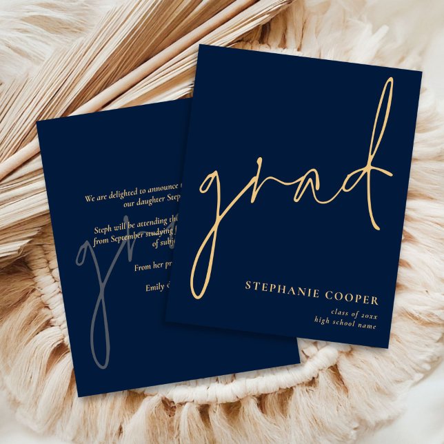 Budget Script Navy Gold Graduate Announcement (front and back view)