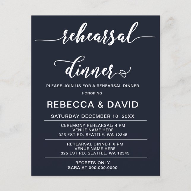 Budget Script Navy Rehearsal Dinner Invitation (Front)