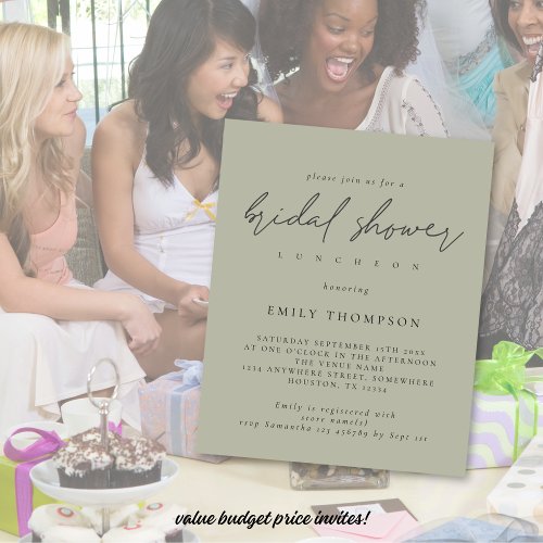 Budget Script Pale Sage Bridal Shower Invitation