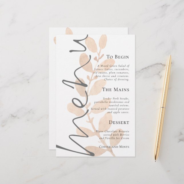 Budget Script Peach Leaves Wedding Menu (Front/Back In Situ)