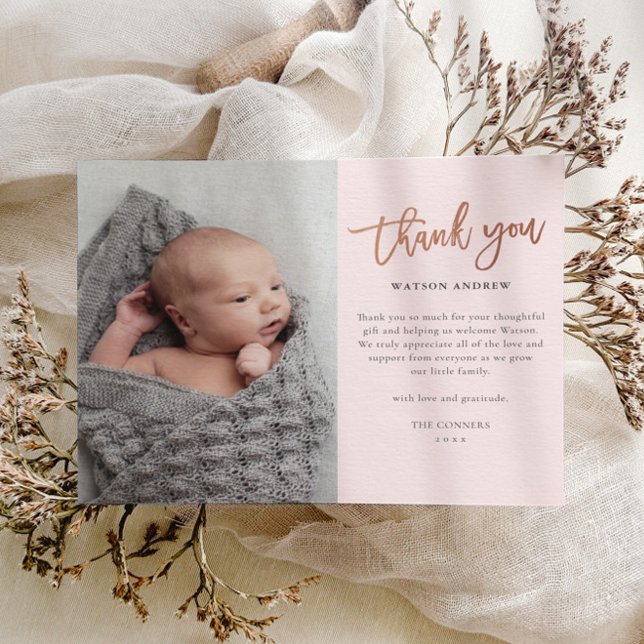 Budget Script Photo Baby Thank You Card (Modern rose gold script calligraphy baby photo thank you card.)