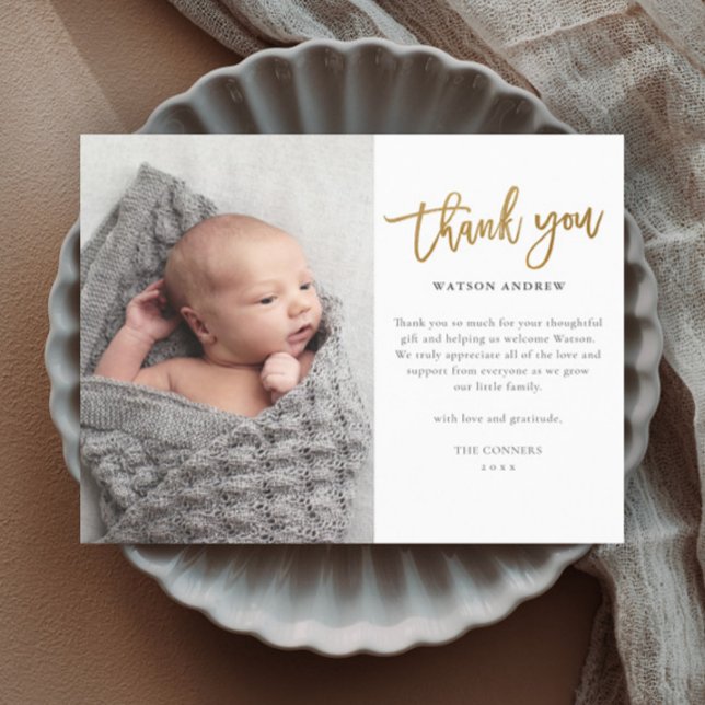 Budget Script Photo Baby Thank You Card (Modern gold script budget baby photo thank you cards.)