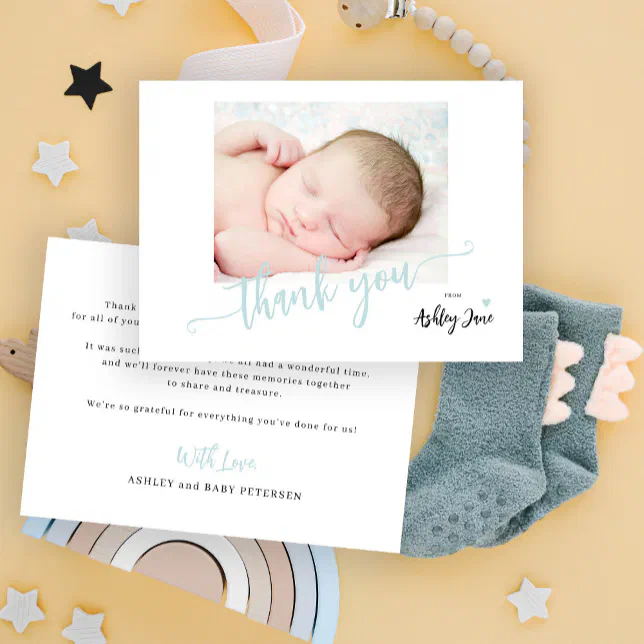 Budget script photo boy baby shower thank you note card Zazzle