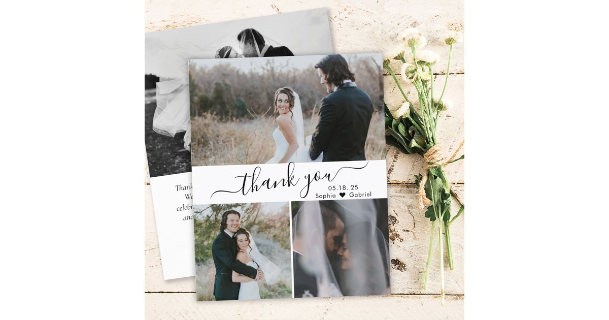 Budget Script Photo Collage Wedding Thank You Card | Zazzle