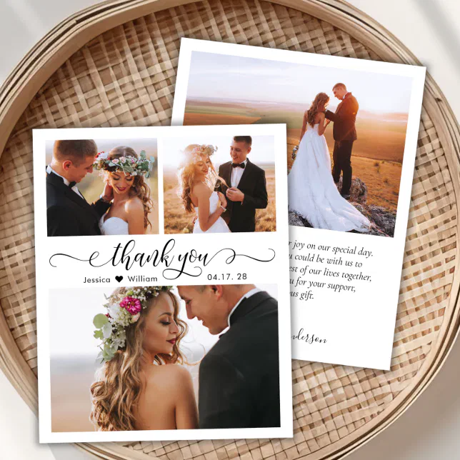 Budget Script Photo Collage Wedding Thank You Card | Zazzle