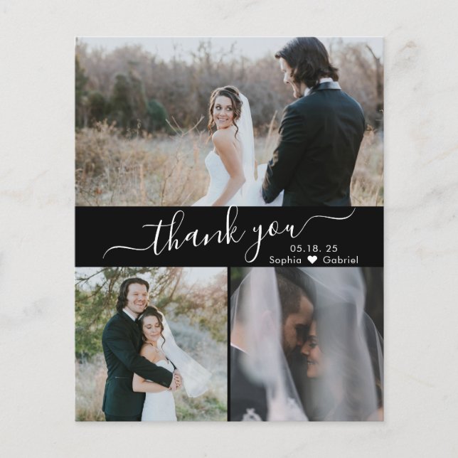 Budget Script Photo Collage Wedding Thank You Card (Front)