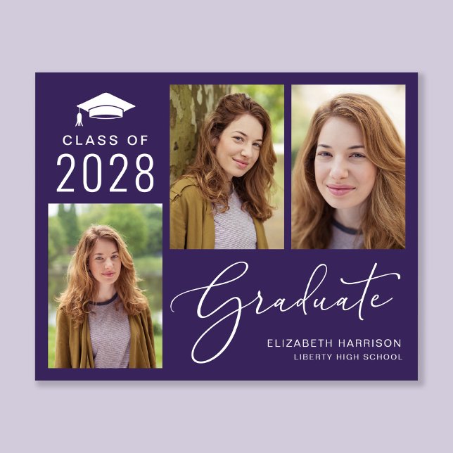 Budget Script Photo Purple Graduation Announcement (An elegant photo collage graduation announcement to celebrate the graduate's achievements)