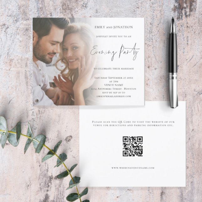 Budget Script Photo QR Code Wedding Evening Invite (Front and back view. Smaller budget price alternative. Part of a larger matching wedding suite)