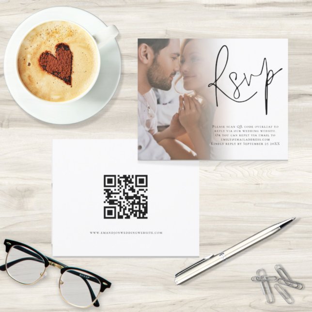 Budget Script Photo QR Code Wedding RSVP (Front and back view. A budget price alternative. Part of a large matching wedding suite)