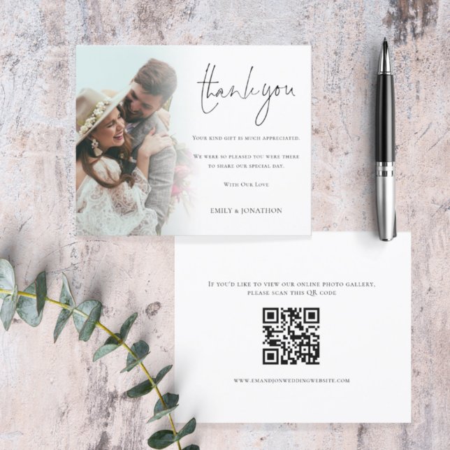 Budget Script Photo QR Code Wedding Thank You (front and back view)