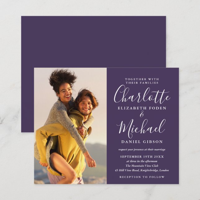 Budget Script Photo Wedding Purple Invitation (Front/Back)