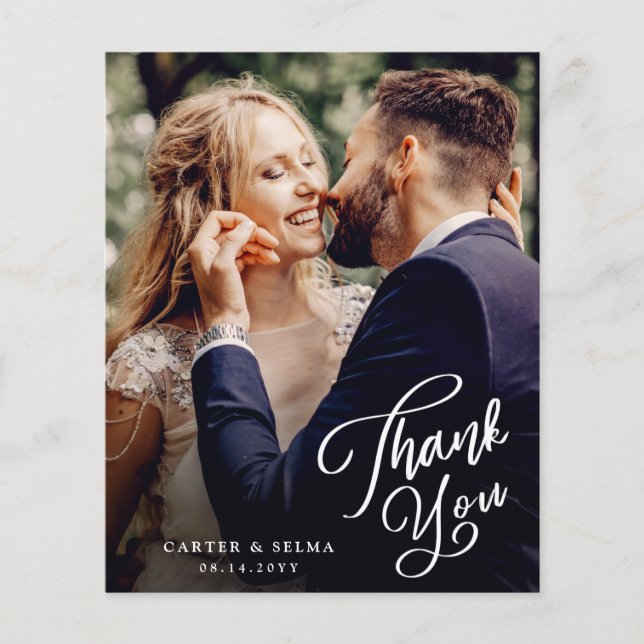 Budget Script Photo Wedding Thank You Card (Front)