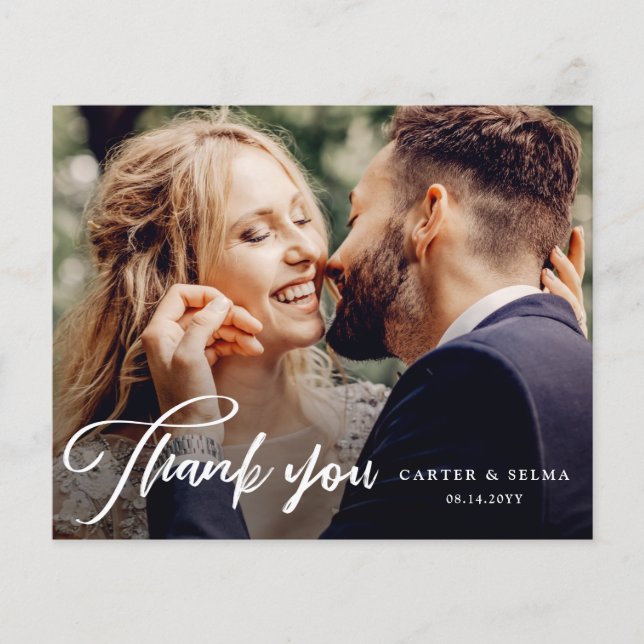 Budget Script Photo Wedding Thank You Card (Front)