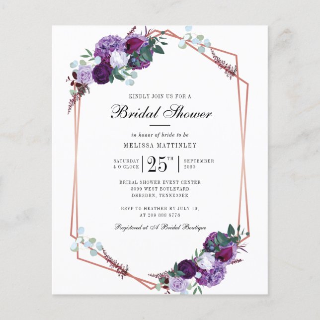 Budget Script Purple Floral Bridal Shower (Front)