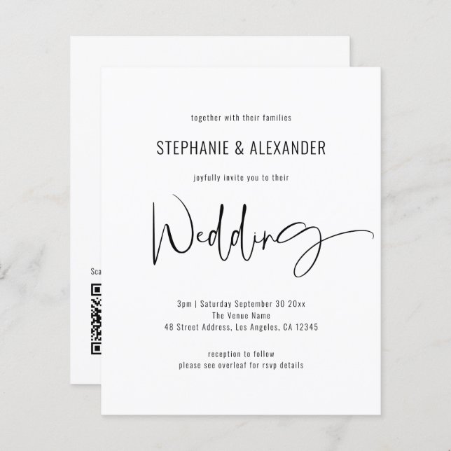 Budget Script QR Code Black White Wedding Invite (Front/Back)