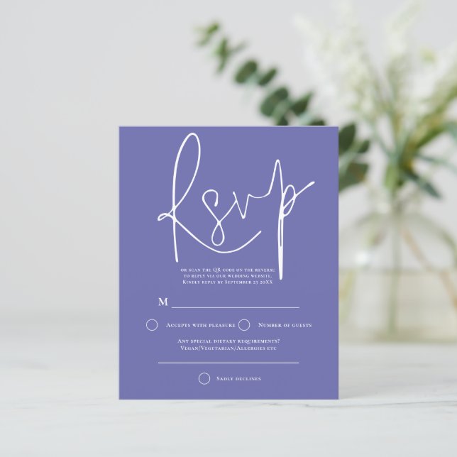 Budget Script QR Code Wedding Blue RSVP (Standing Front)