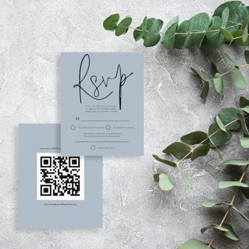 Budget Script QR Code Wedding Dusty Blue RSVP