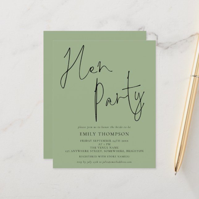 Budget Script Sage Green Hen Party Invitation (Front/Back In Situ)