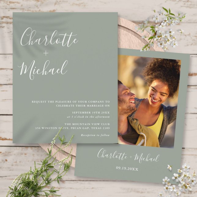 Budget Script Sage Green Photo Wedding Invitation (Budget Script Sage Green Photo Wedding Invitation)