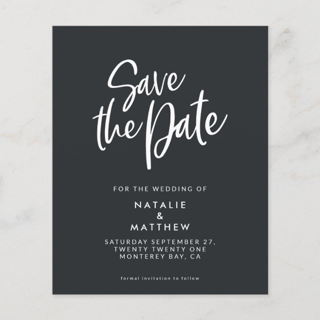 budget script save the date wedding announcement flyer (Front)