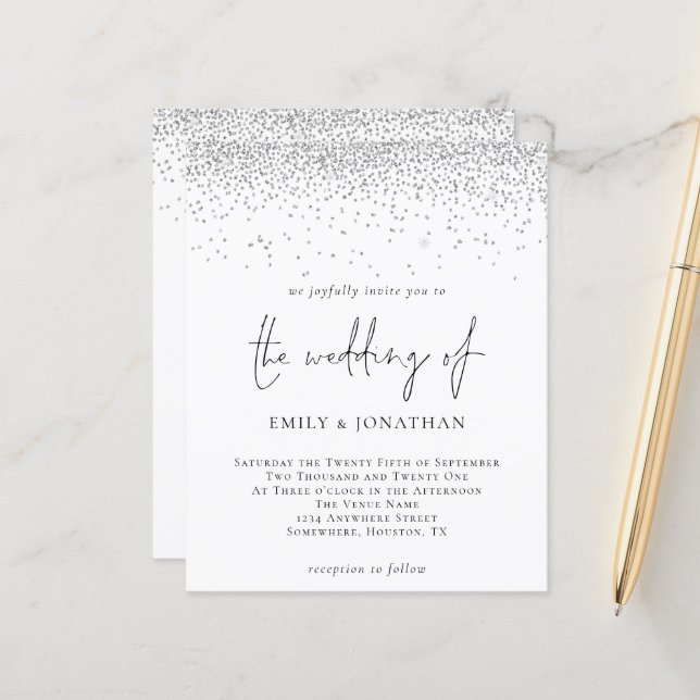 Budget Script Silver Glitter Wedding Invitation (Front/Back In Situ)
