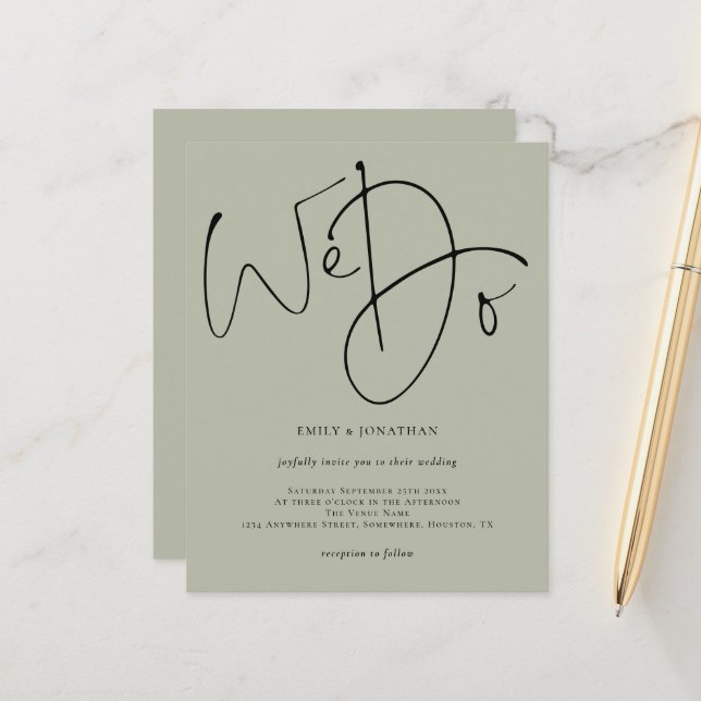 Budget Script We Do Pale Sage Wedding Invitation (Front/Back In Situ)