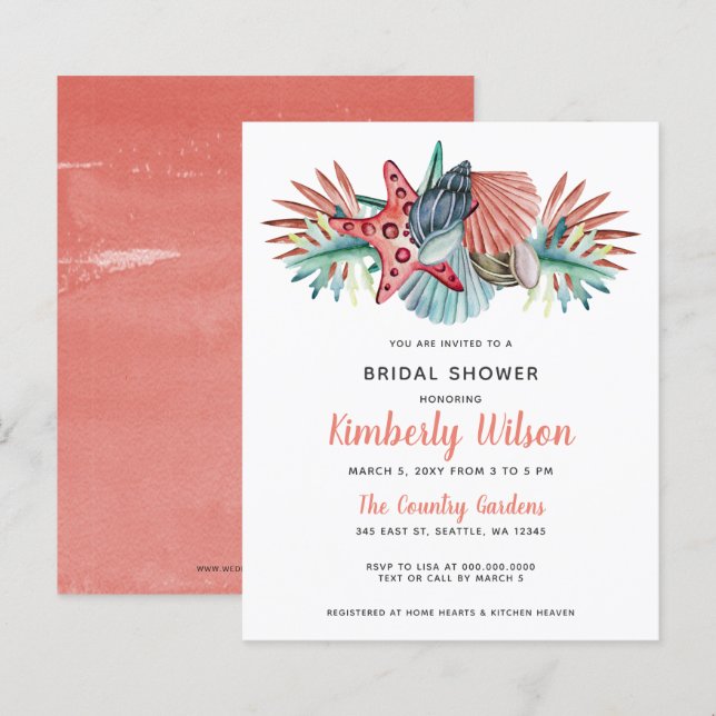 Budget Sea Coral Beach Bridal Shower Invitation (Front/Back)