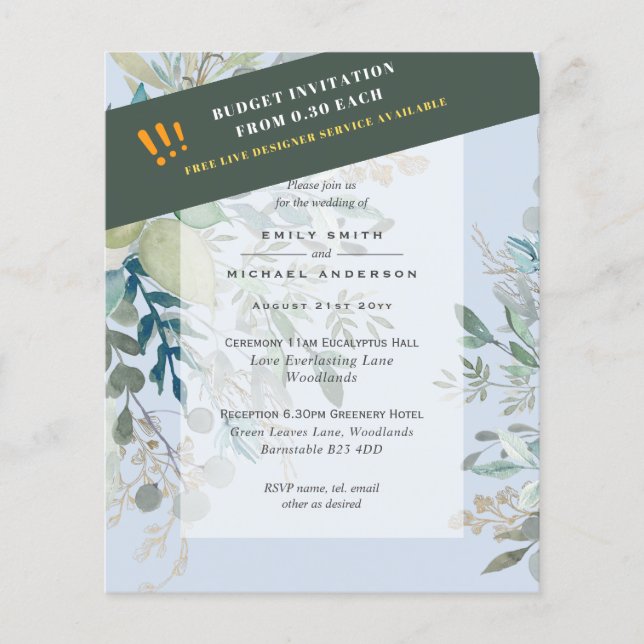 BUDGET Sea Glass Green Eucalyptus Leaves Wedding Flyer (Front)