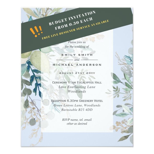 BUDGET Sea Glass Green Eucalyptus Leaves Wedding Flyer (Front)