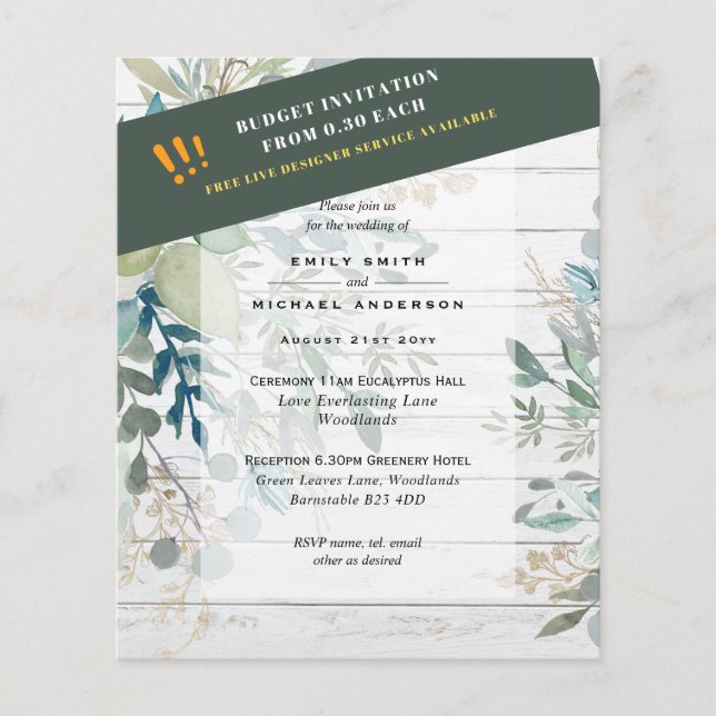 BUDGET Sea Glass Green Eucalyptus Leaves Wedding Flyer (Front)