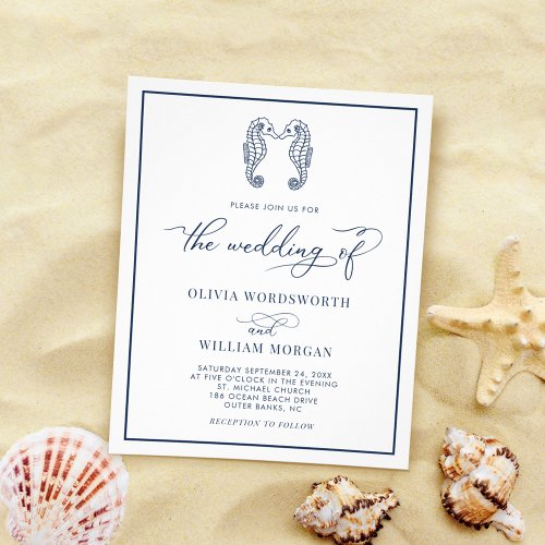 Budget Seahorse Beach Wedding Navy Blue Invitation Flyer