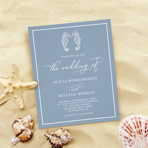 Budget Seahorse Dusty Blue Beach Wedding Invite Flyer