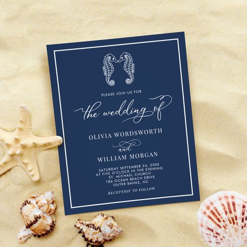Budget Seahorse Navy Blue Beach Wedding Invitation Flyer