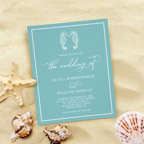 Budget Seahorse Sea Glass Blue Wedding Invitation Flyer